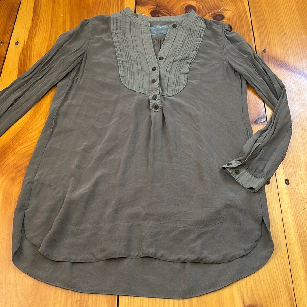 ALL SAINTS 10 Brown Silk Kinky Grandad Shirt Roll Cuff Bib Detail